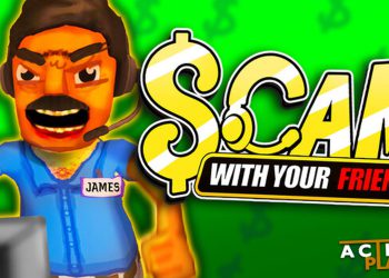 Scam With Your Friends artwork with a headset-wearing call-center worker and the game logo