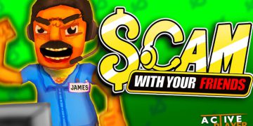 Scam With Your Friends artwork with a headset-wearing call-center worker and the game logo
