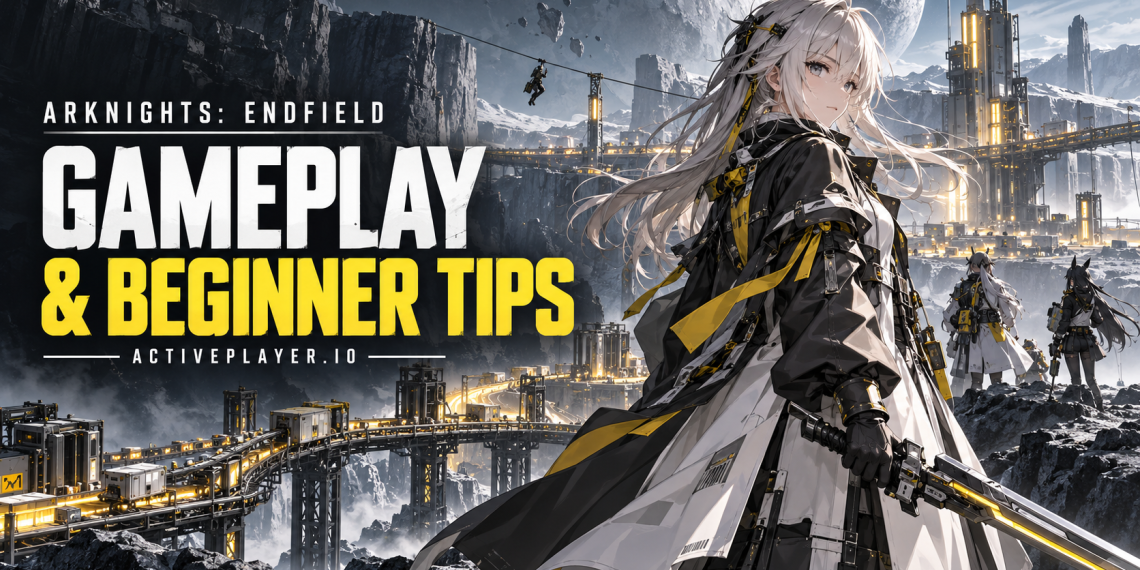 Arknights: Endfield-inspired explorer overlooking a futuristic factory, with Gameplay & Beginner Tips text.