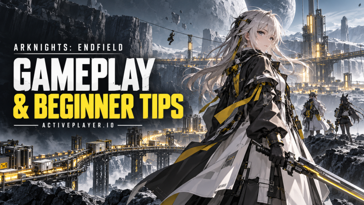 Arknights: Endfield-inspired explorer overlooking a futuristic factory, with Gameplay & Beginner Tips text.