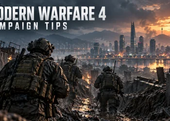Illustrated infantry squad advancing through a rain-soaked trench with Modern Warfare 4 Campaign Tips lettering.