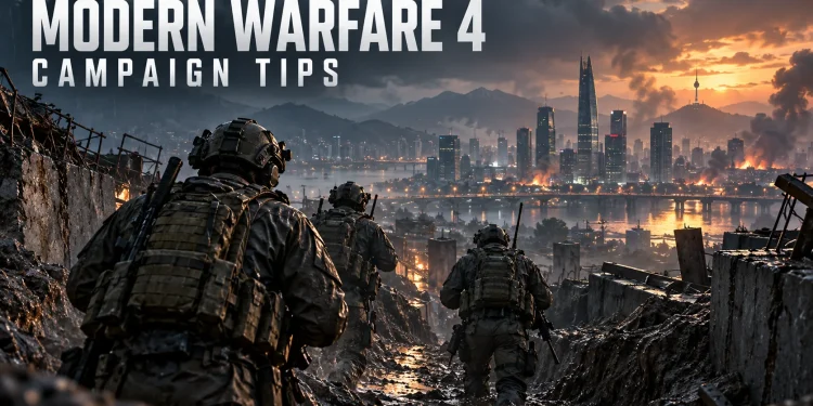 Illustrated infantry squad advancing through a rain-soaked trench with Modern Warfare 4 Campaign Tips lettering.