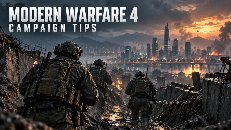 Illustrated infantry squad advancing through a rain-soaked trench with Modern Warfare 4 Campaign Tips lettering.